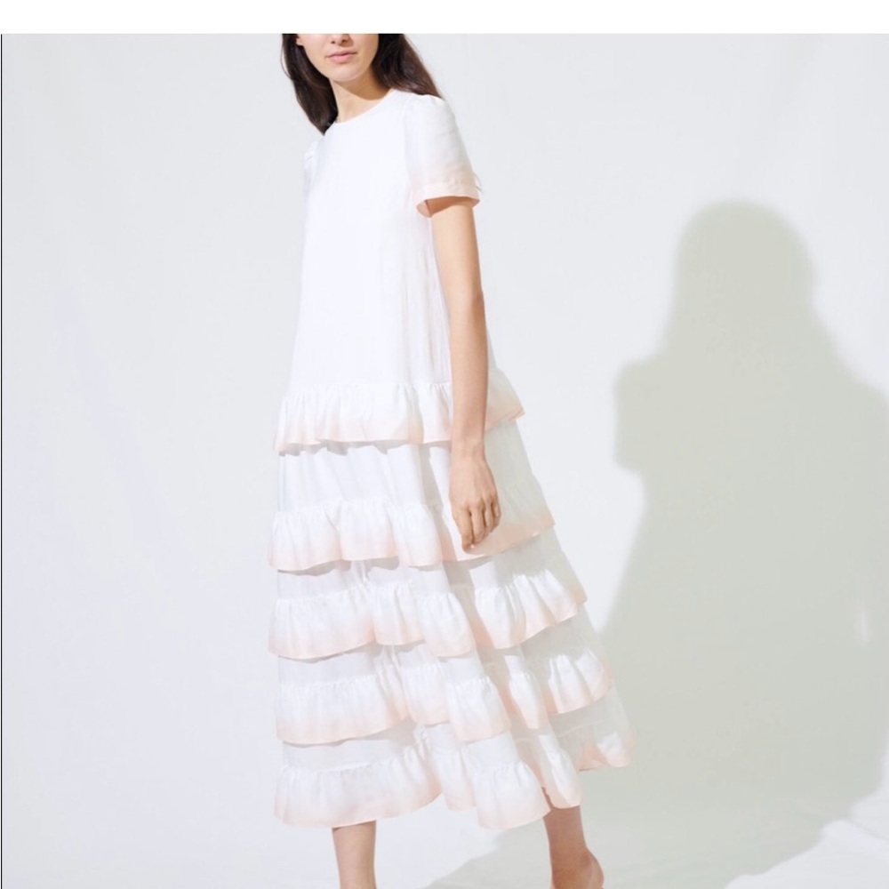 Maje White and Pink Ruffle Midi Dress